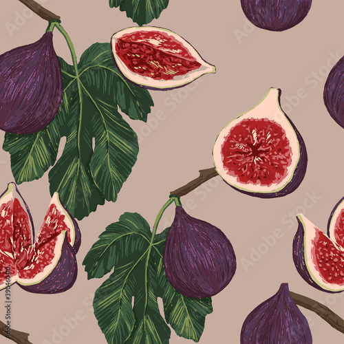 Figs fruits, leaves seamless pattern. Hand drawn vector illustration. Realistic drawing healthy food background. Colored sweet abstract design for print, fabric, textile, wallpaper, decor, packagings.
