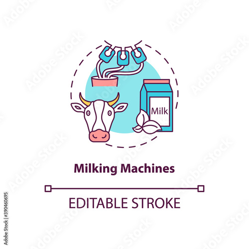 Milking machines concept icon. Cow product. Lactose liquid. Automated equipment. Dairy industry production idea thin line illustration. Vector isolated outline RGB color drawing. Editable stroke