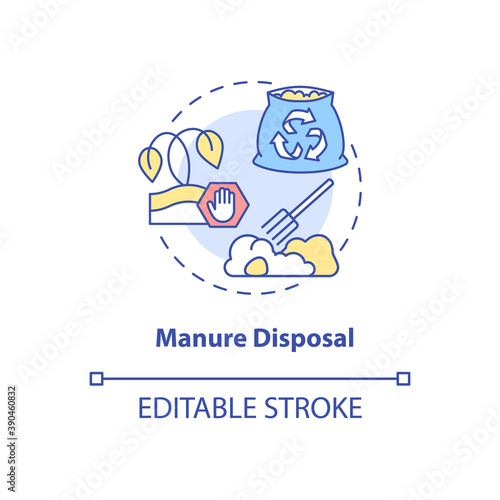 Manure disposal concept icon. Waste recycle. Nutrient bio compost. Biodegradable garbage. Soil fertilization idea thin line illustration. Vector isolated outline RGB color drawing. Editable stroke