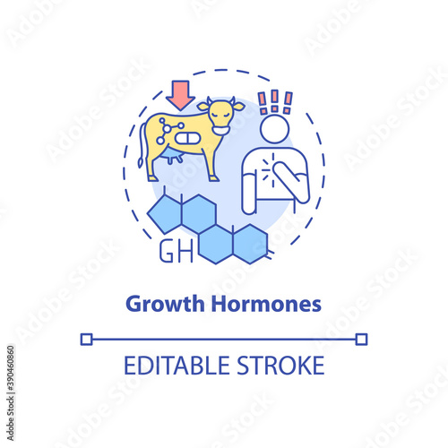 Growth hormones concept icon. Protein in cow meat. Genetic modified food. Human health. Dairy industry product idea thin line illustration. Vector isolated outline RGB color drawing. Editable stroke