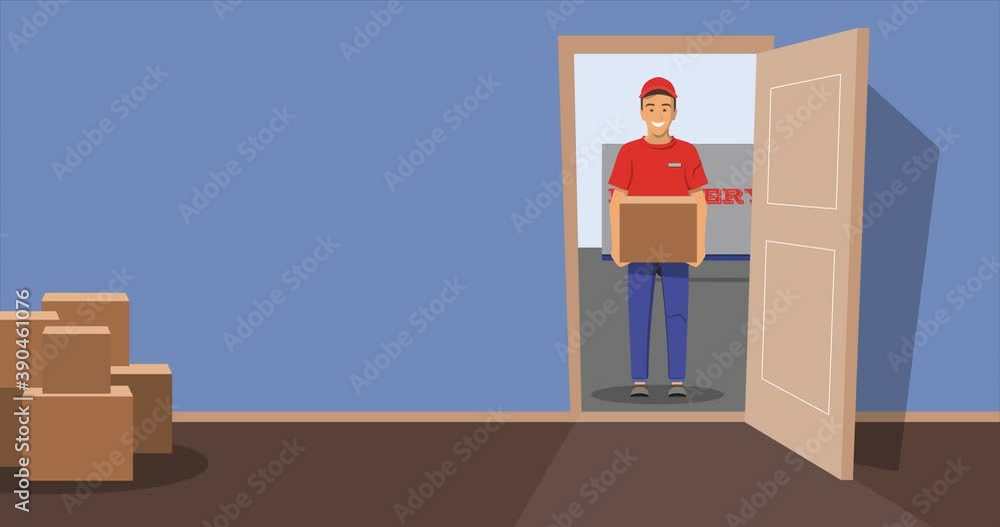 Delivery guy . Courier handing box on doorway . Open door. Inside of home. Fast delivery to your door. Delivery guy . Courier handing box on doorway . Open door. Inside of home. Fast delivery to your door.