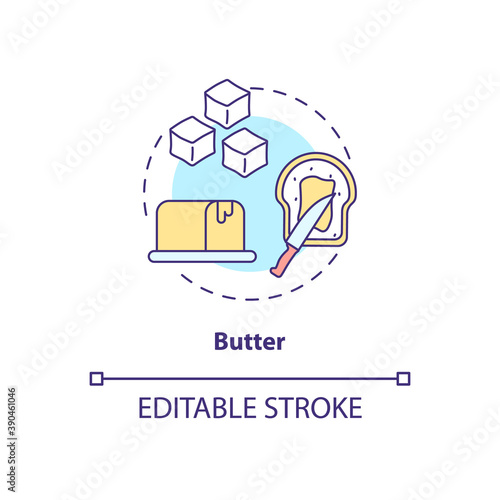 Butter concept icon. Fatty, milky product. Spread on toast. Nutritious foodstuff. Grocery food. Dairy industry idea thin line illustration. Vector isolated outline RGB color drawing. Editable stroke