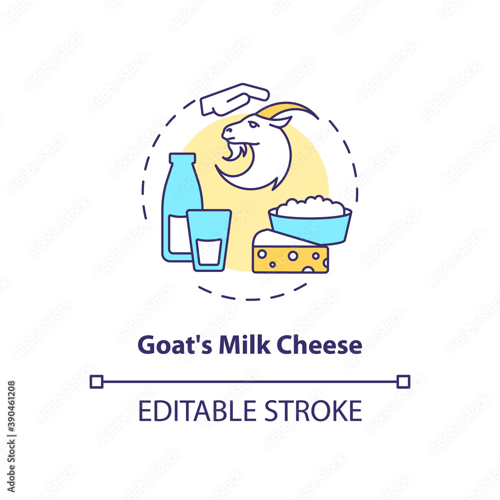 Goat milk cheese concept icon. Manufacturing lactose product. Farm market. Dairy industry production idea thin line illustration. Vector isolated outline RGB color drawing. Editable stroke