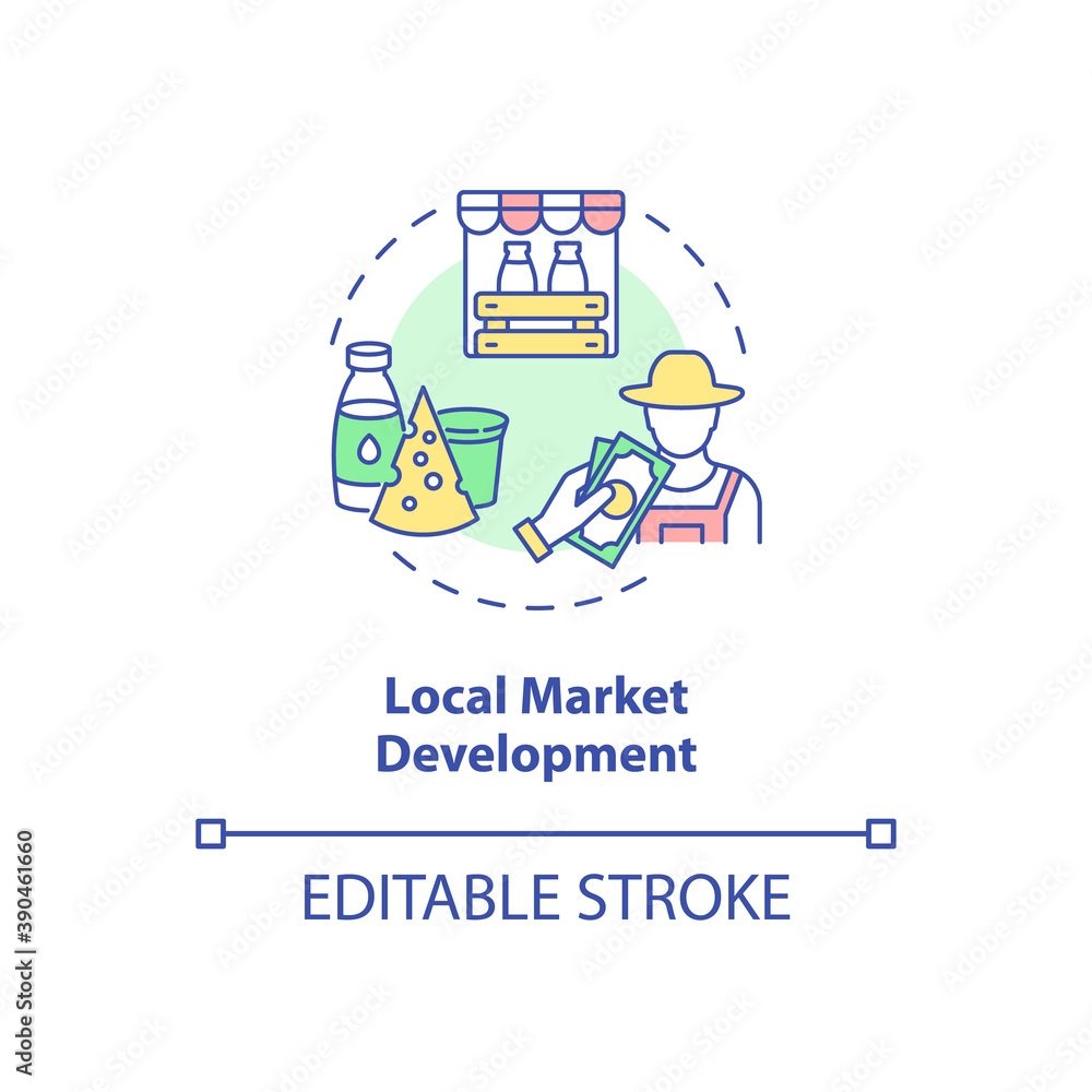 Local market development concept icon. Farmer sell cow milk. Dairy industry and cheese production idea thin line illustration. Vector isolated outline RGB color drawing. Editable stroke