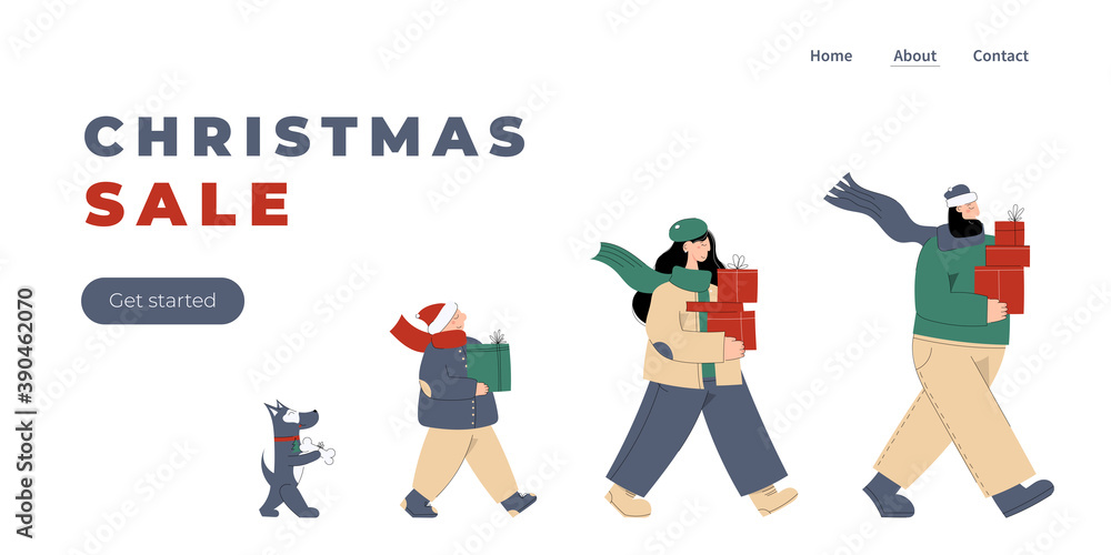 Merry Christmas and a happy new year! Cute new year and christmas vector landing page for Christmas sale with a loving family, mom, dad, child and dog carrying gift boxes Merry Christmas and a happy new year! Cute new year and christmas vector landing page for Christmas sale with a loving family, mom, dad, child and dog carrying gift boxes