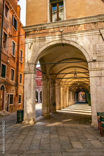 View on a portico in the city of Venice, Veneto - Italy
