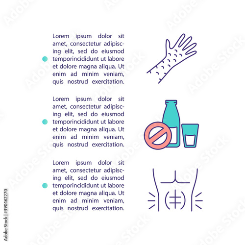 Lactose intolerance concept icon with text. Milk products. Dairy allergy. Eczema. Abdominal cramps. PPT page vector template. Brochure, magazine, booklet design element with linear illustrations