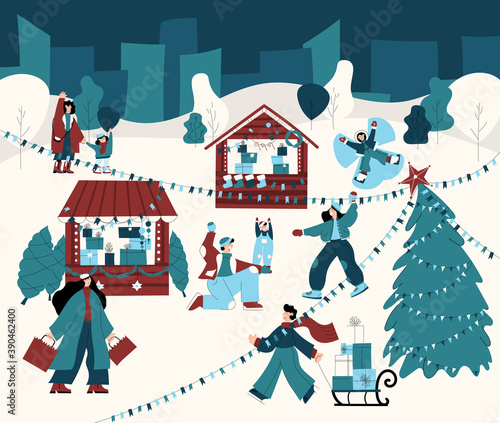 Vector hand drawn illustration of a Christmas market with people shopping, playing snowballs with their family, having fun. Cartoon style banner