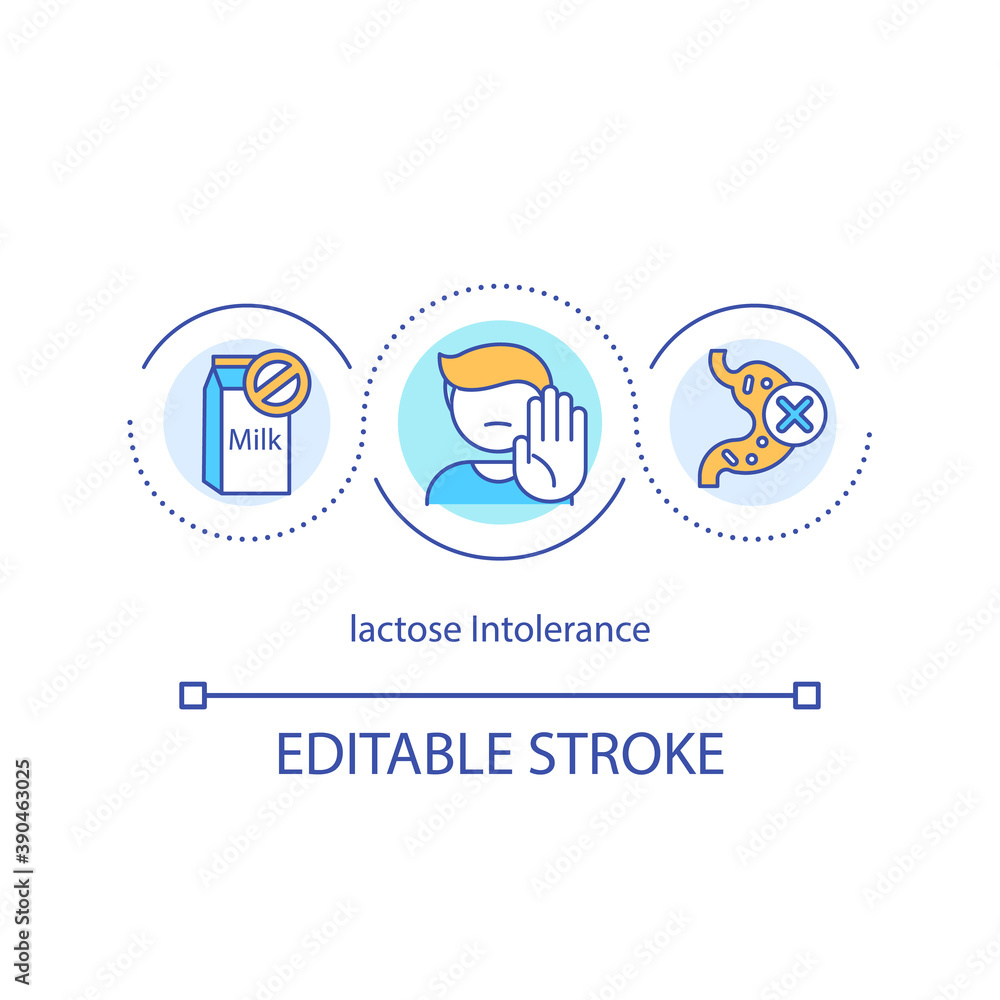 Lactose intolerance concept icon. Drinking dairy products idea thin line illustration. Digestive disorders. Abdominal cramps. Food allergen. Vector isolated outline RGB color drawing. Editable stroke Lactose intolerance concept icon. Drinking dairy products idea thin line illustration. Digestive disorders. Abdominal cramps. Food allergen. Vector isolated outline RGB color drawing. Editable stroke