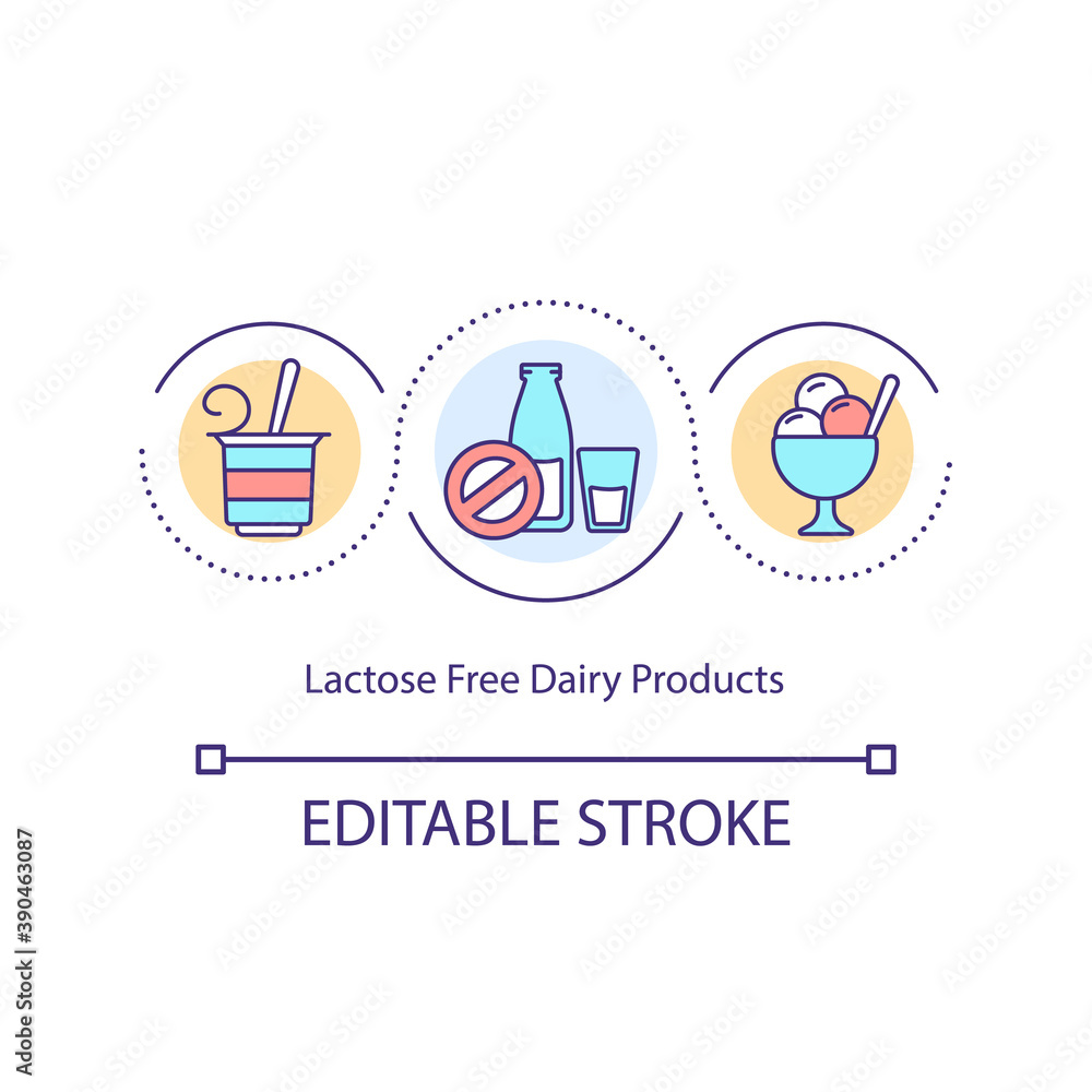 Lactose free dairy products concept icon. Suitable for vegans food idea thin line illustration. Organic Milk, yoghurt, ice-cream. Vector isolated outline RGB color drawing. Editable stroke