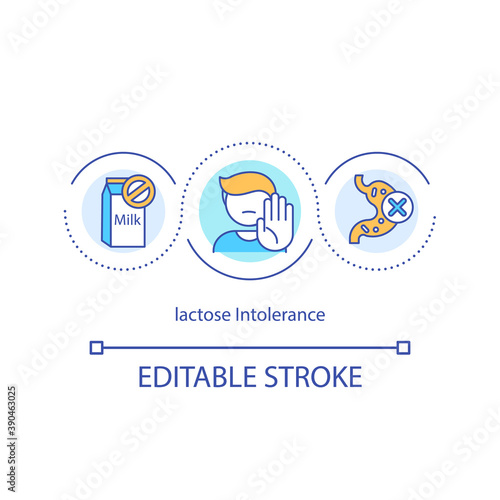 Lactose intolerance concept icon. Drinking dairy products idea thin line illustration. Digestive disorders. Abdominal cramps. Food allergen. Vector isolated outline RGB color drawing. Editable stroke