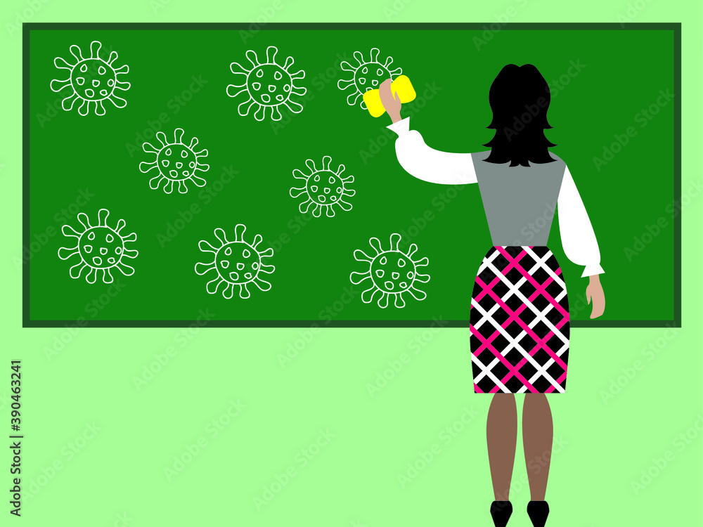 Vector illustration - a teacher wipes chalk-drawn coronavirus molecules from the blackboard with a rag. Concept stop covid and copy space Vector illustration - a teacher wipes chalk-drawn coronavirus molecules from the blackboard with a rag. Concept stop covid and copy space