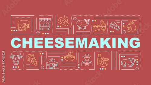 Cheesemaking word concepts banner. Liquid milk conversion. Dairy product manufacturing. Infographics with linear icons on red background. Isolated typography. Vector outline RGB color illustration