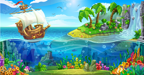 A wooden ship with white sails crosses a sea coral reef. Tropical islands with palm trees and a waterfall over the colorful underwater world.