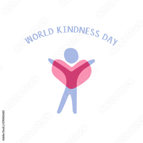 World kindness day logo. Random acts of kindness day emblem. Caring, responsibility, altruism of people. November 13. Man and big heart. Vector illustration.