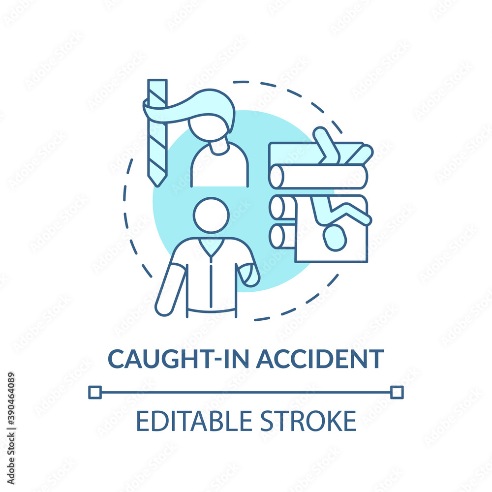 Caught in accident concept icon. Work related injuries. High risk working options. Dangerous factory job places idea thin line illustration. Vector isolated outline RGB color drawing. Editable stroke Caught in accident concept icon. Work related injuries. High risk working options. Dangerous factory job places idea thin line illustration. Vector isolated outline RGB color drawing. Editable stroke