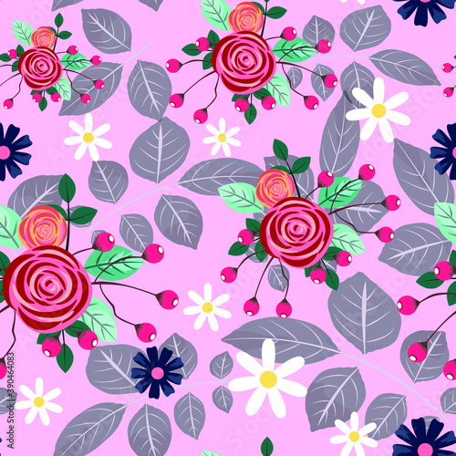 Seamless pattern with pink roses and flowers. For textile, paper and any surfaces.
