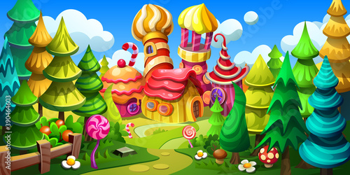 Candy town in a fairy forest. Fantastic world is made of cakes, marmalades, candies and gingerbread. Vector cartoon illustration.