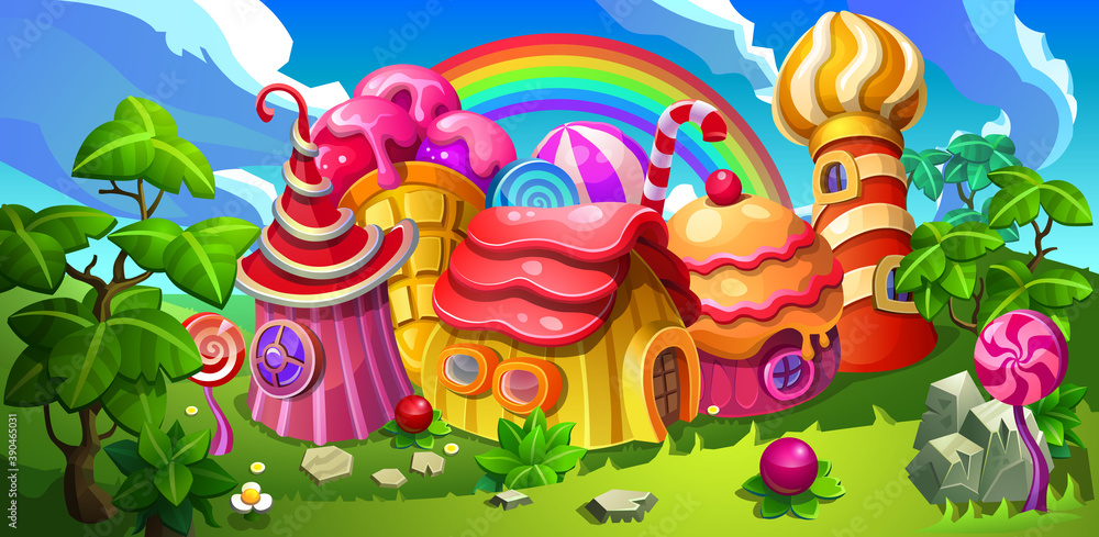 A fairytale candy town. Colorful houses made of candy, lollipop, cake and marmalade. Background panorama for cartoon.