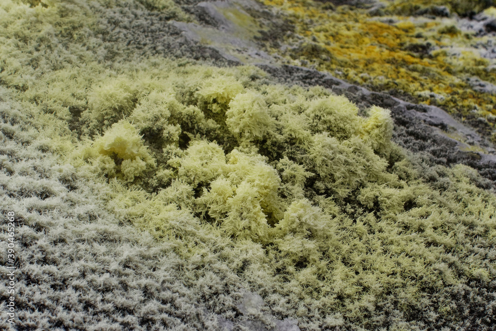 Sulfur crystals in Lokon-Empung Volcano crater, Sulawesi Island, Indonesia
