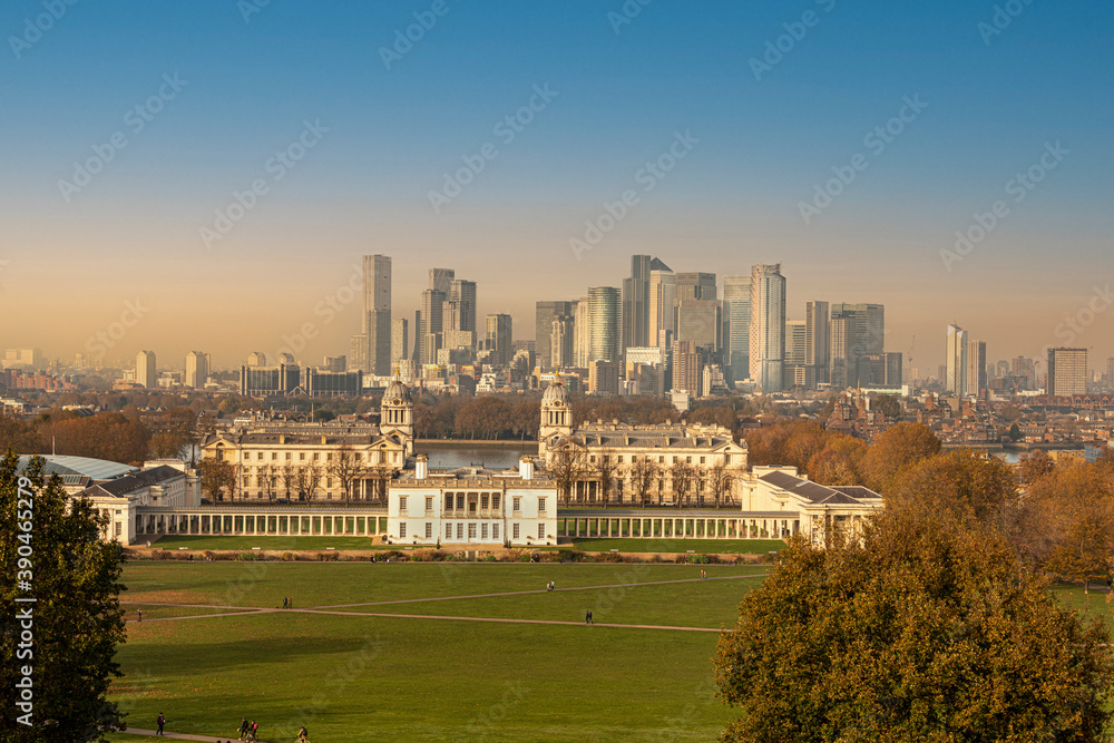 View over Greenwich Park towards Canary Wharf