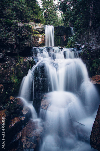 Cascade of two large waterfalls on the small river Jedlova hidden in the nature reserve of the Jizera Mountains in the north of the Czech Republic. Huge treasures are hidden in the European wilderness