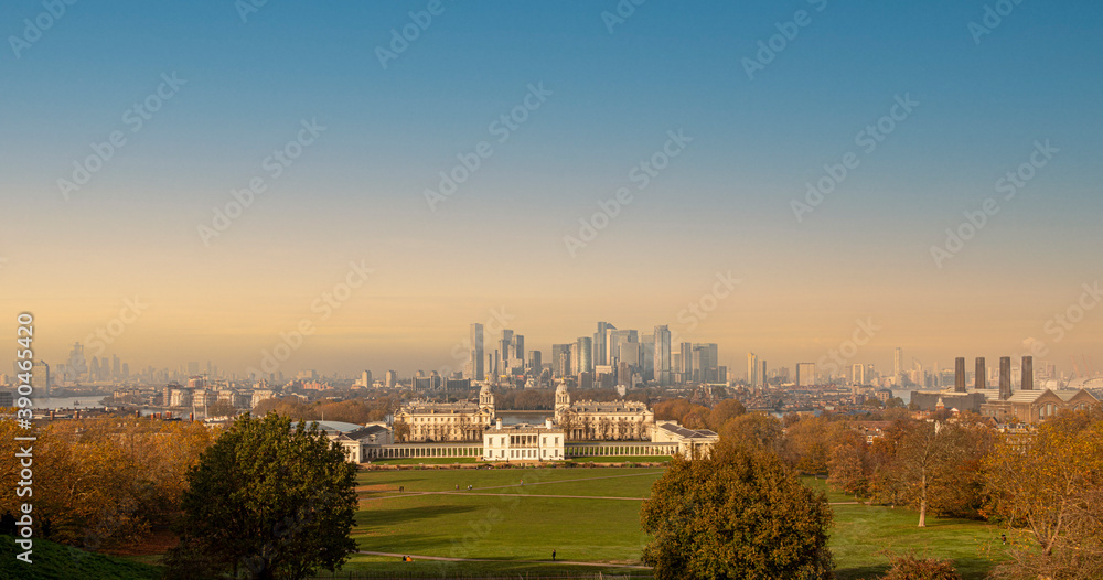 View over Greenwich Park towards Canary Wharf