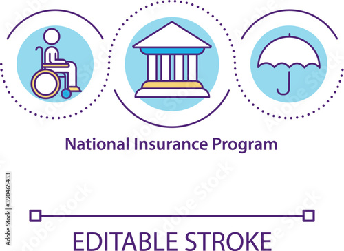 National insurance program concept icon. Disability benefits. Statutory health insurance idea thin line illustration. Vector isolated outline RGB color drawing. Editable stroke.