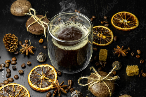 Festive Christmas coffee on a dark background