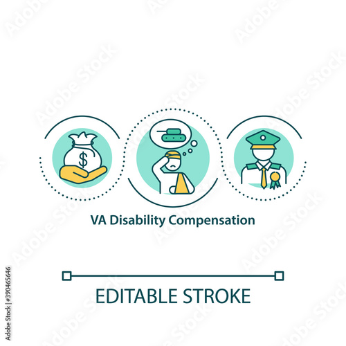 VA disability compensation concept icon. Receiving benefits. Social security. Veterans affairs idea thin line illustration. Vector isolated outline RGB color drawing. Editable stroke.