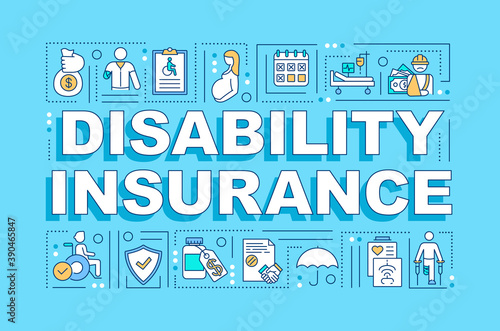 Disability insurance word concepts banner. Finance protection. Infographics with linear icons on sky blue background. Isolated typography. Vector outline RGB color illustration