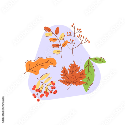 Falling dried leaves flat vector concept illustration with abstract shapes. Fall foliage. Autumn season. Colorful trees. Seasonal nature. Forest and park. Natural scenery 2D organic cartoon elements