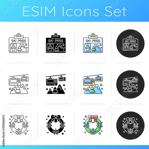 Winter fun icons set. Ski pass. Skier ticket. Cable railway. Christmas wreath. New Year ornament. Xmas decoration. Linear, black and RGB color styles. Isolated vector illustrations