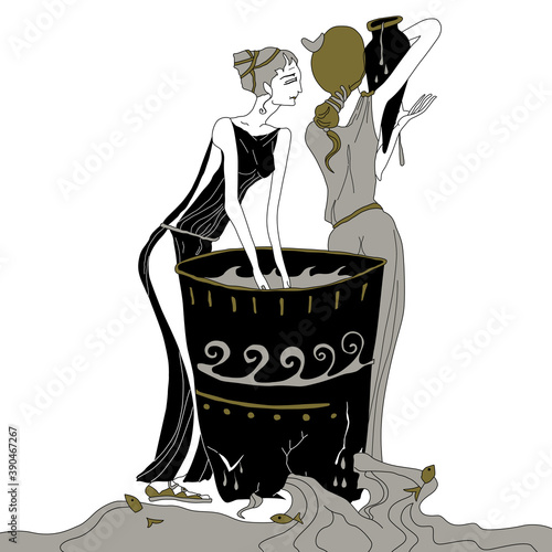 Danaides or Danaids. Ancient Greek mythology. Two ages of women and bottomless vessel. Female archetypes. Hand drawn art. Metaphor for futile efforts.