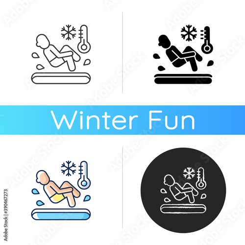 Polar bear plunge icon. Cold water dive. Winter extreme activity. Ice bath swimming. Jump in frozen pool. Low temperature. Linear black and RGB color styles. Isolated vector illustrations