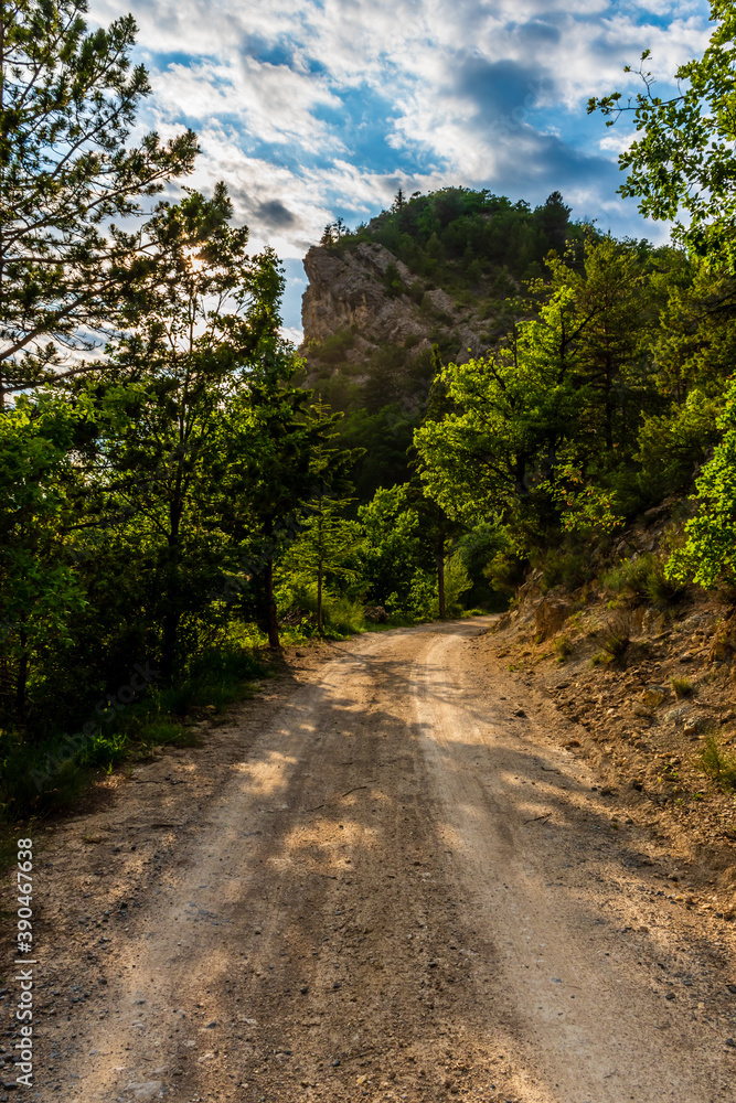 A picturesque view of a hiking path/rural road in the French Alps mountains on a sunny summer evening (Puget-Theniers, Alpes-Maritimes, Provence, France) A picturesque view of a hiking path/rural road in the French Alps mountains on a sunny summer evening (Puget-Theniers, Alpes-Maritimes, Provence, France)