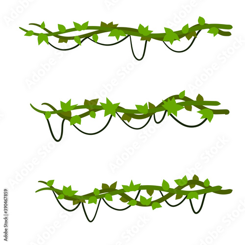 Set of branches with moss and green grass. Part of scenery of jungle. Swamp bog vine of trees. Marsh plant. Cartoon flat illustration. Element of tropical forest