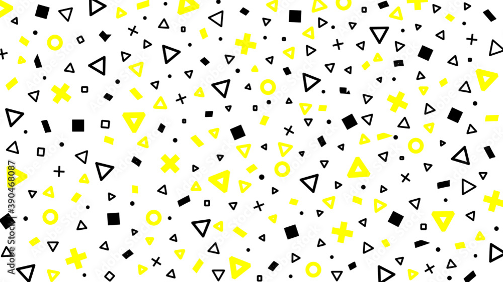 Abstract seamless geometric pattern design, memphis style yellow and black vector. Abstract mosaic digital art and geometric shapes vector design for ads, wallpapers, banners or posters
