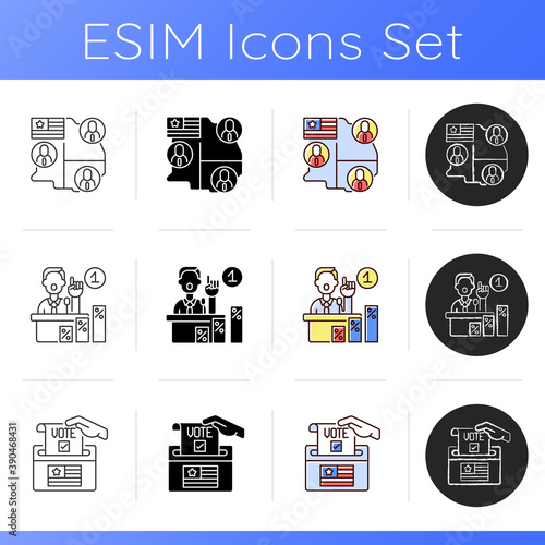 US icons set. Electoral college. Primary elections results. Ballot drop box. Official votes for president and vice president. Linear, black and RGB color styles. Isolated vector illustrations