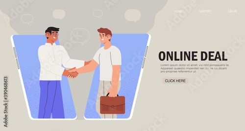 Online agreement or contract concept for banner, web site page. Businessmen shaking hands after successful negotiations. Business people on smartphone screens. Online business, distant meeting.