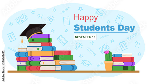 Happy Students Day banner. Stack of books and square academic cap. Vector illustration with academic and school knowledge symbols. Set of flat books variations with shadow and potted plant cactus