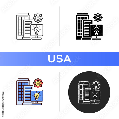 Silicon valley icon. High technology and innovation center. Information technology workers. High-tech companies. Research parks. Linear black and RGB color styles. Isolated vector illustrations