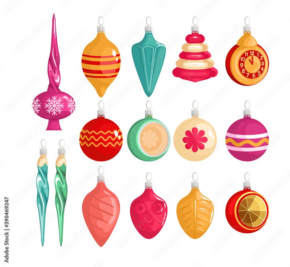 Collection of beautiful Christmas tree decorations isolated on white background vector illustration set. Balls, star, decor with icicles. Colored vector illustration in cartoon style. Collection of beautiful Christmas tree decorations isolated on white background vector illustration set. Balls, star, decor with icicles. Colored vector illustration in cartoon style.