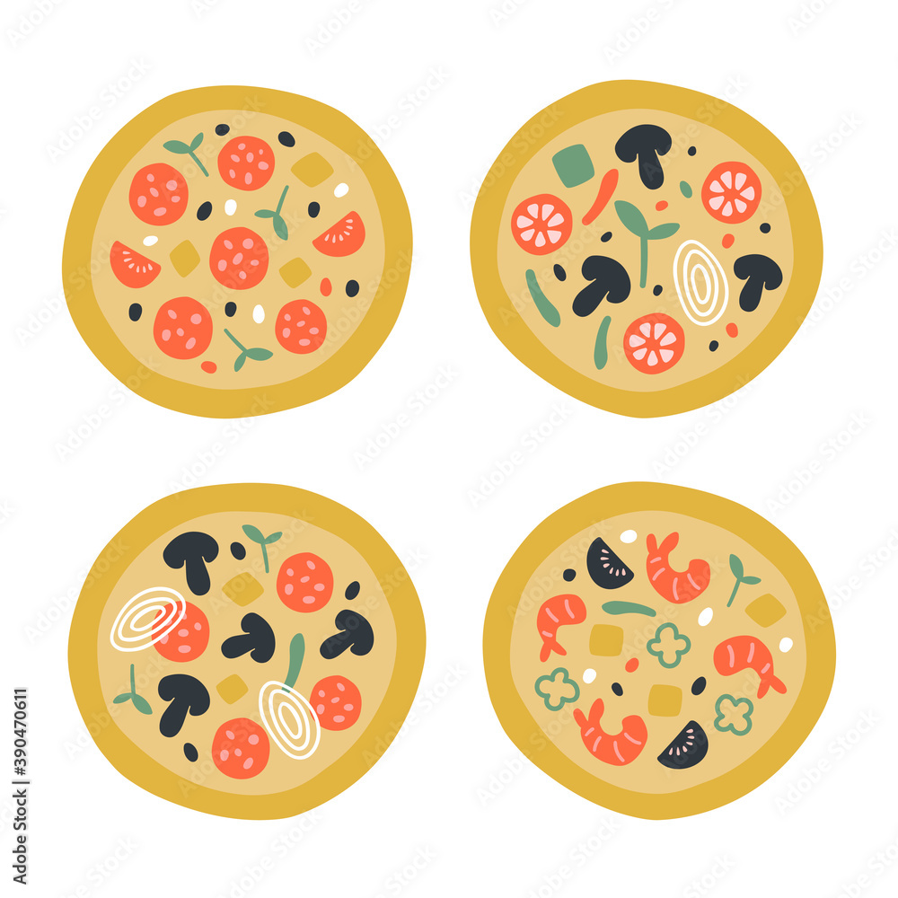 Cute doodle illustration with pizza top view set with different ingredients. Pepperoni, vegeterian, seafood, mushrooms, shrimps, cheese, tomato. Italian traditional food. For promo, menu, poster Cute doodle illustration with pizza top view set with different ingredients. Pepperoni, vegeterian, seafood, mushrooms, shrimps, cheese, tomato. Italian traditional food. For promo, menu, poster