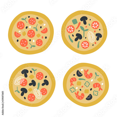 Cute doodle illustration with pizza top view set with different ingredients. Pepperoni, vegeterian, seafood, mushrooms, shrimps, cheese, tomato. Italian traditional food. For promo, menu, poster