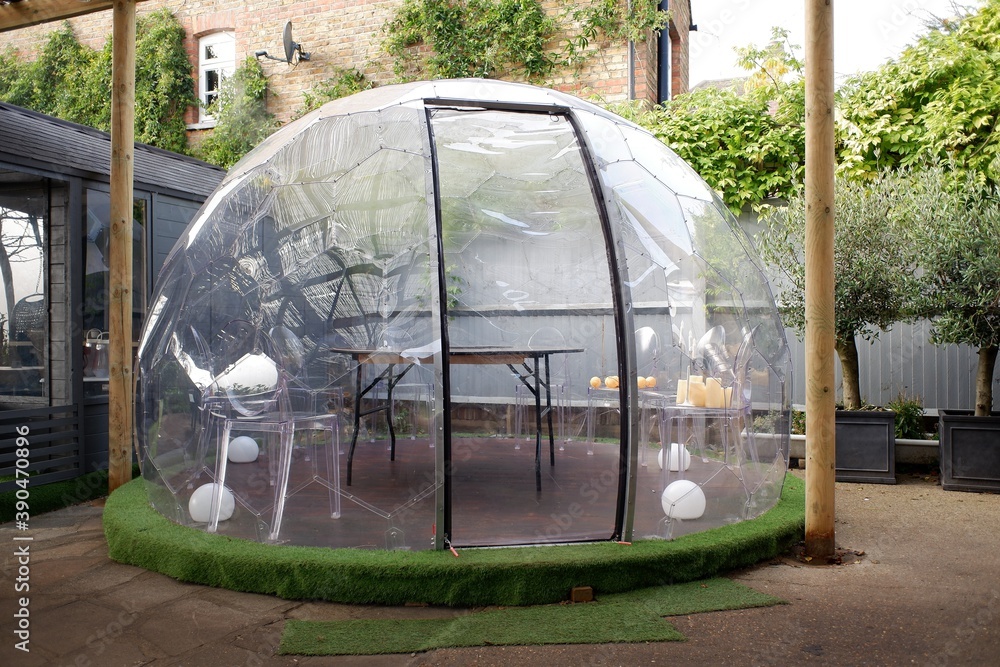 Plastic igloo dome tent used to dine outside pub during the Coronavirus