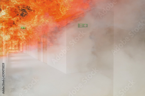 double exposure green emergency exit sign in hospital showing the way to escape with fire...............