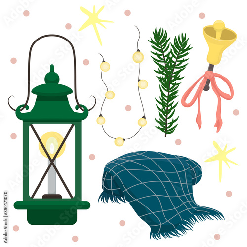 Vector set of cozy clip arts with garland, plaid, old fashioned lamp, bell with ribbon, stars, and fir tree branches