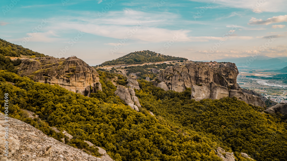 Beautiful panorama sunset view of the landscapes in Meteora, Thessaly, Greece