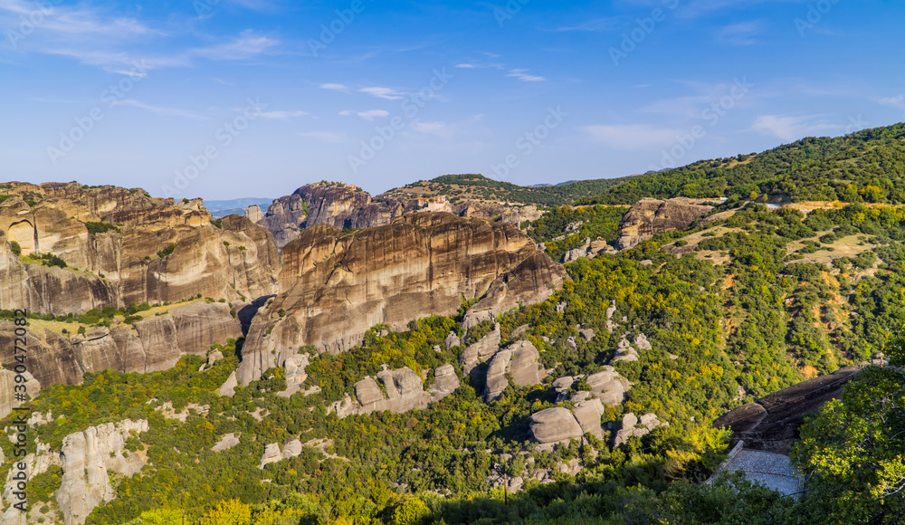 Panoramic view of unique rock formations in Meteora, Thessaly, Greece